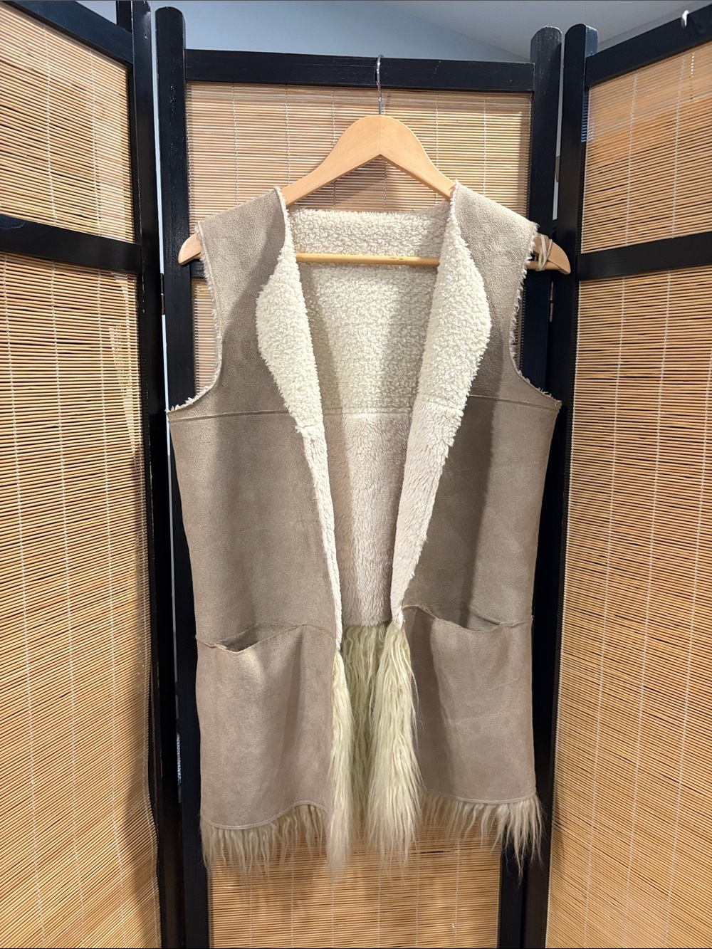 Guess Taupe Faux-Shearling Sleeveless Vest with Cream Lining